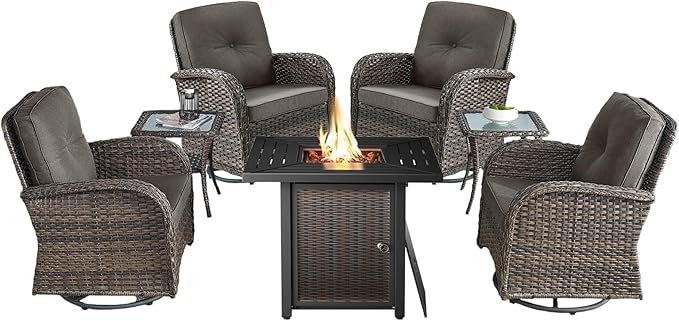 7 Pieces Patio Furniture with Fire Pit-High Back Swivel Patio Chairs Set of 4 with Outdoor Side Table Outdoor Patio Furniture Set for Deck Porch Garden Balcony Poolside-Brown/Grey
