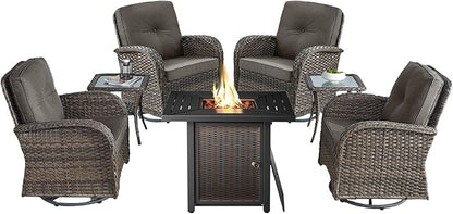 7 Pieces Patio Furniture with Fire Pit-High Back Swivel Patio Chairs Set of 4 with Outdoor Side Table Outdoor Patio Furniture Set for Deck Porch Garden Balcony Poolside-Brown/Grey