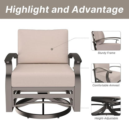 Gotland Outdoor Aluminum Patio Furniture Set with Fire Pit Table, 7 Pieces Metal Patio Furniture with 2 Swivel Rocking Chairs 11 Seats Waterproof 5.1'' Seat Cushions, for Garden Balcony Porch Khaki