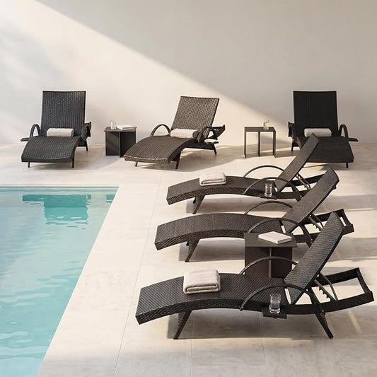 Set of 6 Dark Brown Outdoor Chaise Lounge Chairs, Wicker Patio Lounge Chairs with Adjustable Backrest and Armrests, Durable PE Rattan Pool Chair for Patio, Poolside and Garden
