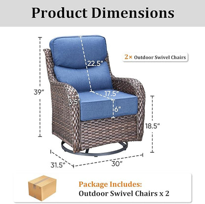 Luxury Outdoor Swivel Rocker Patio Chairs Set of 2 with 6-Inch Thick Cushions, High Back Swivel Patio Chairs Wicker Outdoor Gliders for Porch, Yard, Deck, Poolside, Brown/Blue