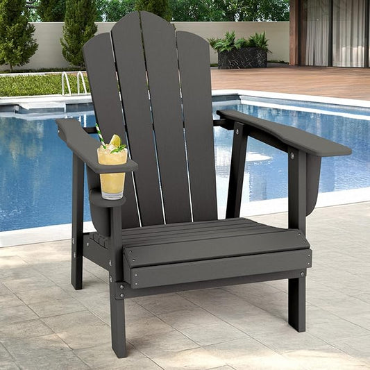 PROHIKER Adirondack Chair with Cup Holder, HDPE Outdoor Patio Chair All Weather Outdoor Chairs for Lawn Garden Porch Backyard, Plastic, Gray