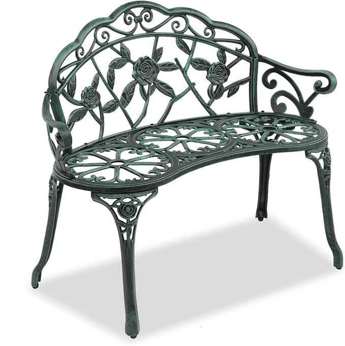 38.5” Outdoor Porch Bench with Hollow Rose Design,Elegant Garden Bench Park Bench for Backyard,Iron Bench with Arms,Antique Green