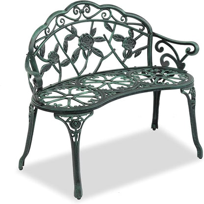 38.5” Outdoor Porch Bench with Hollow Rose Design,Elegant Garden Bench Park Bench for Backyard,Iron Bench with Arms,Antique Green