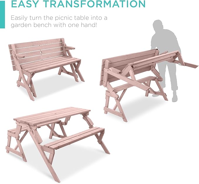 Best Choice Products 2-in-1 Transforming Interchangeable Outdoor Wooden Picnic Table Garden Bench for Backyard, Porch - Photo 2