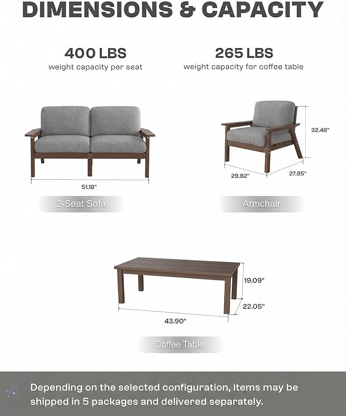 Patio Furniture Set, HDPE Outdoor Sofa Set with Gray Washable Cushions, Patio Conversation Sets for Lawn, Garden, Porch, Balcony & Deck, Durable Outdoor Sectional Furniture (Brown Frame)