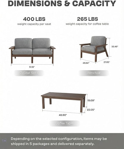 Patio Furniture Set, HDPE Outdoor Sofa Set with Gray Washable Cushions, Patio Conversation Sets for Lawn, Garden, Porch, Balcony & Deck, Durable Outdoor Sectional Furniture (Brown Frame)