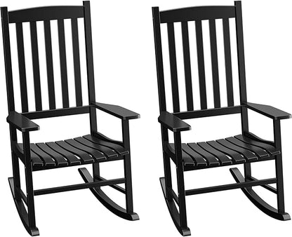 Nouva Set of 2 All-Weather Patio Rocking Chair, Solid Wood High Back Outdoor Porch Rocker Lounge Camping Chair for Fire Pit Garden Backyard Deck Poolside Lawn Indoor,Black