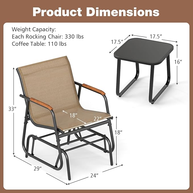 Tangkula 3 Piece Patio Bistro Glider Set, 2 Rocking Chairs w/Tempered Glass Side Table - Photo 3