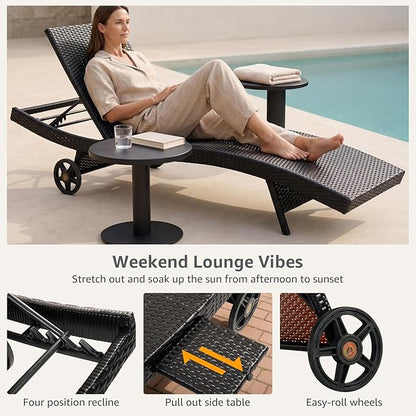 Set of 4 Dark Brown Outdoor Chaise Lounge Chairs, Wicker Patio Lounge Chairs with Adjustable Backrest and Wheels, Durable PE Rattan Pool Chair for Patio, Poolside and Garden