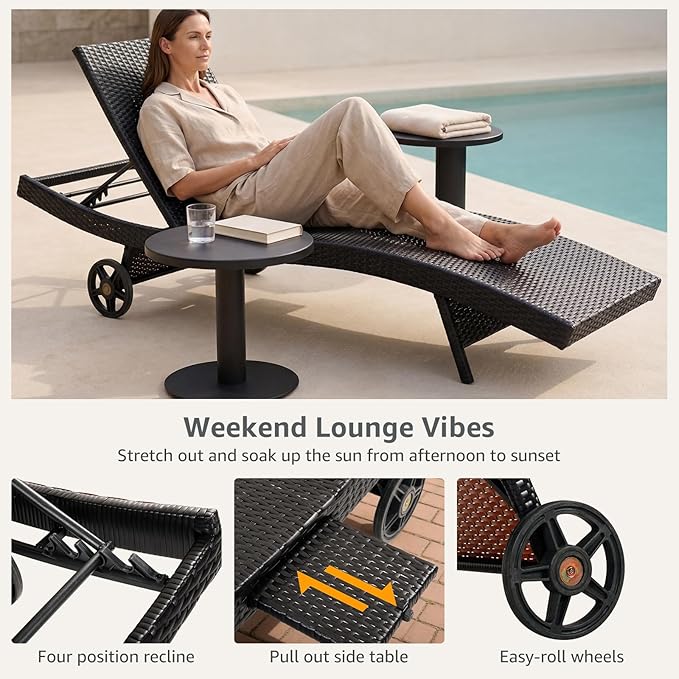 Set of 6 Dark Brown Outdoor Chaise Lounge Chairs, Wicker Patio Lounge Chairs with Adjustable Backrest and Wheels, Durable PE Rattan Pool Chair for Patio, Poolside and Garden