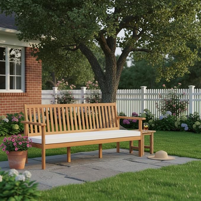 Tangkula 3-Seat Acacia Wood Outdoor Bench with Cushion, 64" Extra Long Garden Bench with Slatted Seat & Backrest, 3-Person Patio Wood Bench for Backyard, Porch, Balcony & Garden