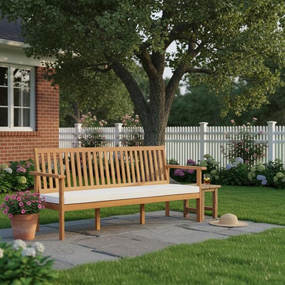 Tangkula 3-Seat Acacia Wood Outdoor Bench with Cushion, 64" Extra Long Garden Bench with Slatted Seat & Backrest, 3-Person Patio Wood Bench for Backyard, Porch, Balcony & Garden