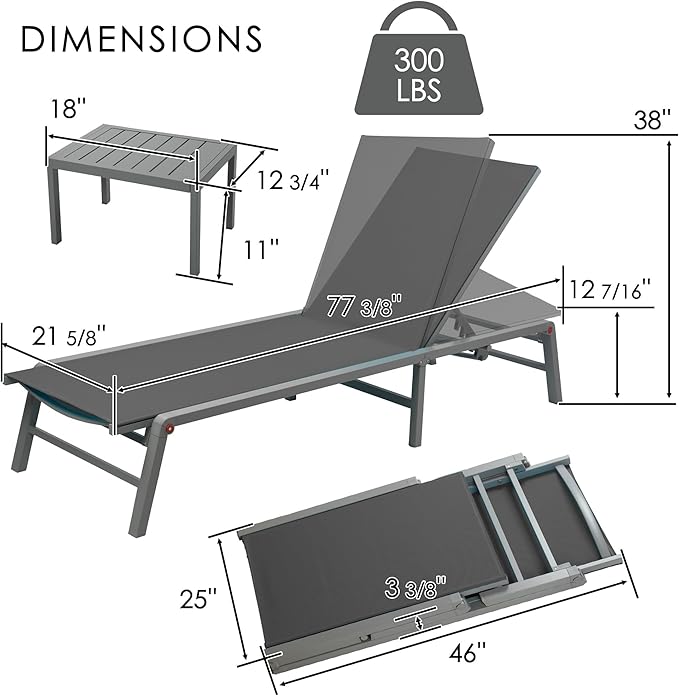 Kozyard 3-Pieces Patio Lounge Set, 2 Foldable Adjustable Lounge Chairs and Side Table, Aluminum Frame - Photo 2