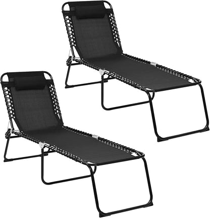 GYMAX Tanning Chair, Extra High Lounge Chair with Removable Pillow, Detachable Side Pocket & Adjustable Backrest, Folding Chaise Lounger for Sunbath, Layout Beach Chair for Indoor/Outdoor (2, Black)