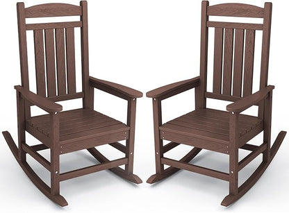 KINGYES Outdoor Rocking Chair Set 2, All Weather HDPE Patio Rocking Chairs for Adults, Coffee Brown