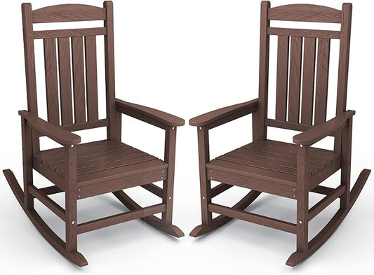 KINGYES Outdoor Rocking Chair Set 2, All Weather HDPE Patio Rocking Chairs for Adults, Coffee Brown