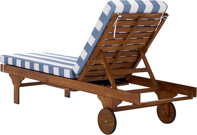 SAFAVIEH Outdoor Patio Furniture Collection - Newport Natural Solid Wood Chaise Lounge Chair with Baby Blue Stripe Cushion, Adjustable Backrest (PAT7316U)