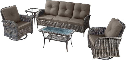5 Pieces Wicker Patio Furniture Set-Outdoor Swivel Rocker Patio Chairs Patio Sofa Set with Tempered Glass Top Outdoor Coffee Table for Deck Lawn Porch Balcony Poolside-Brown/Grey