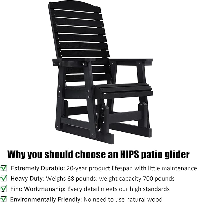 Poly Lumber Patio Glider for One Person, with Cup Holders, High Backrest and Deep Contoured Seat, HIPS Material, All-Weather Resistant, Heavy Duty 700 Pounds (Black)