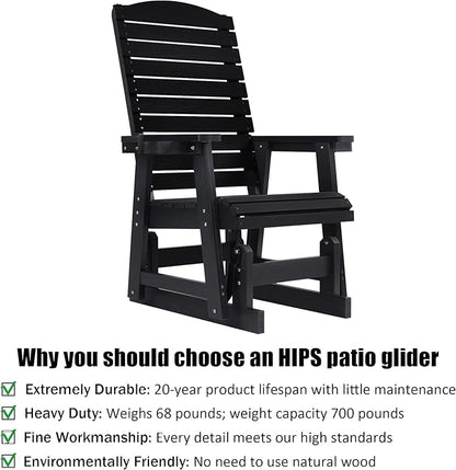 Poly Lumber Patio Glider for One Person, with Cup Holders, High Backrest and Deep Contoured Seat, HIPS Material, All-Weather Resistant, Heavy Duty 700 Pounds (Black)