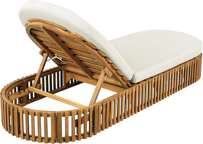 Merax Acacia Wood Chaise Lounge with Curved Cushion, Outdoor Sun Lounger for Patio, Poolside and Garden, Teak Finish Wood Recliner, 80.8" L, Supports 300 lbs, Cream