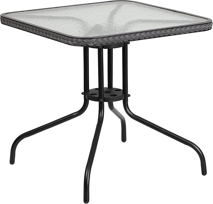 Flash Furniture Barker 28'' Square Tempered Glass Metal Table with Gray Rattan Edging