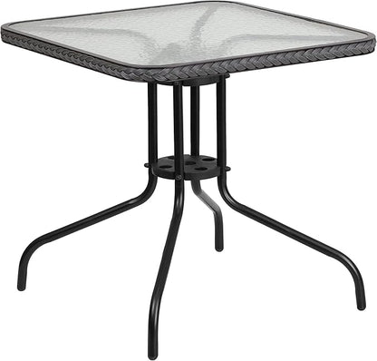 Flash Furniture Barker 28'' Square Tempered Glass Metal Table with Gray Rattan Edging