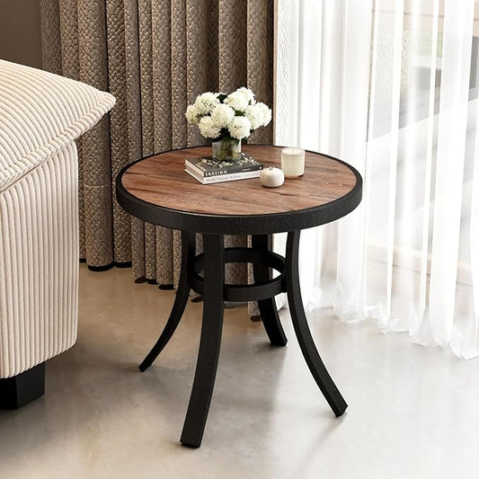 PHI VILLA Outdoor Round Side Table Set of 2, 19" Small Metal End Table with Wood Top, Outside All Weather Coffee Bistro Table for Patio, Deck, Porch, Balcony, Indoor