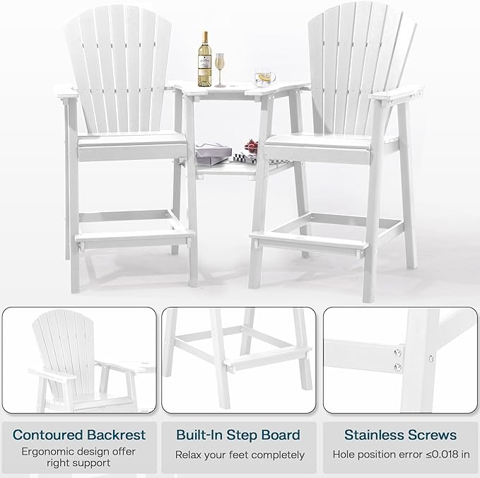 Tall Adirondack Chairs Set of 4, HDPE Balcony Chair with Double Connecting Tray, Weather Resistant Outdoor Adirondack Bar Stools for Patio, Deck, Patio, Backyard, Balcony. (White)