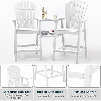Tall Adirondack Chairs Set of 4, HDPE Balcony Chair with Double Connecting Tray, Weather Resistant Outdoor Adirondack Bar Stools for Patio, Deck, Patio, Backyard, Balcony. (White)