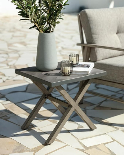 Aluminum Outdoor Side Table, Anti-Rust Outside Patio Side Table with Resin Tabletop, Modern Weather Resistant Square Patio End Table for Yard, Garden, Poolside, Limed Oak