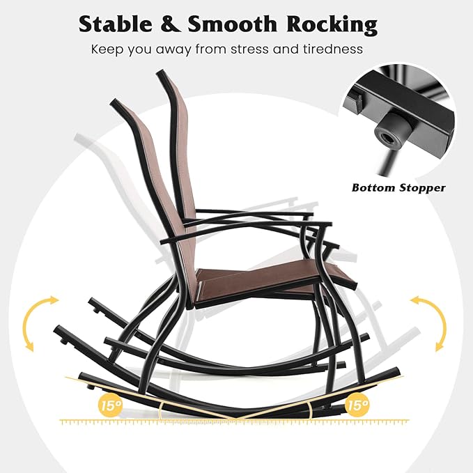 Giantex Outdoor Rocking Chair Set of 2 - Patio Rocking Chairs w/Breathable Backrest, Sturdy Metal Frame & Safe Ergonomic Design, Cozy Fabric Rocker for Backyard, Poolside, 330 lbs, Brown