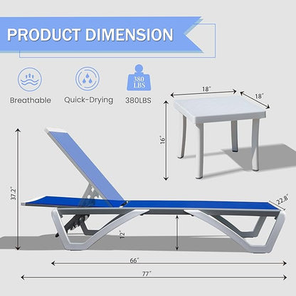 Domi Outdoor Chaise Lounge Chair, Aluminum Patio Lounge Chair with 5 Position Adjustable Backrest and Side Table, for Poolside, Beach, Yard(1 Blue Chair W/Table)