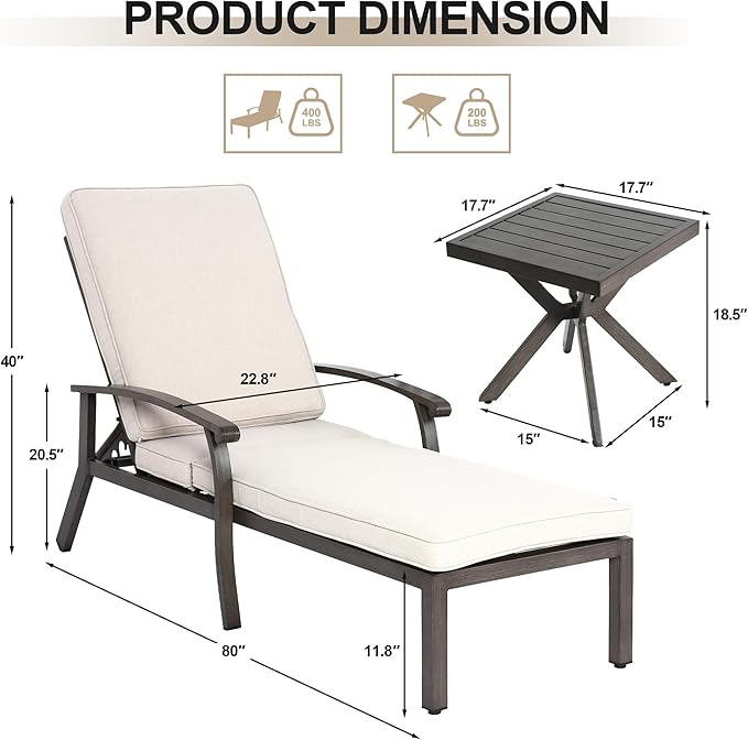 2 Chaise Lounge Chairs with 1 Side Table, Cast Aluminum Tanning Chair with Adjustable 5 Position Recliner, Beige Cushion and Wheels, 3 Piece Set for Outside Beach Patio Pool Lawn