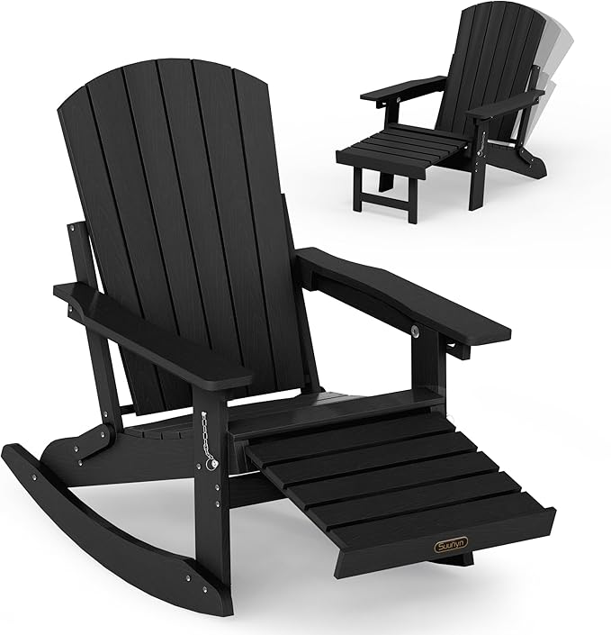 Adirondack Rocking Chair with Retractable Ottoman, 4-in-1 Foldable Reclining Patio Chair, HDPE Wood-Look Outdoor Rocker for Porch, Garden & Poolside, Black