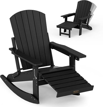 Adirondack Rocking Chair with Retractable Ottoman, 4-in-1 Foldable Reclining Patio Chair, HDPE Wood-Look Outdoor Rocker for Porch, Garden & Poolside, Black