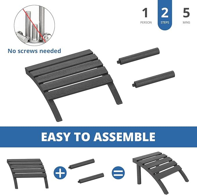 Adirondack Ottoman Tool-Free Assembly, HDPE All Weather Outdoor Foot Rest, Plastic Adirondack Chair Footstool for Patio Deck Backyard Outside(Black)