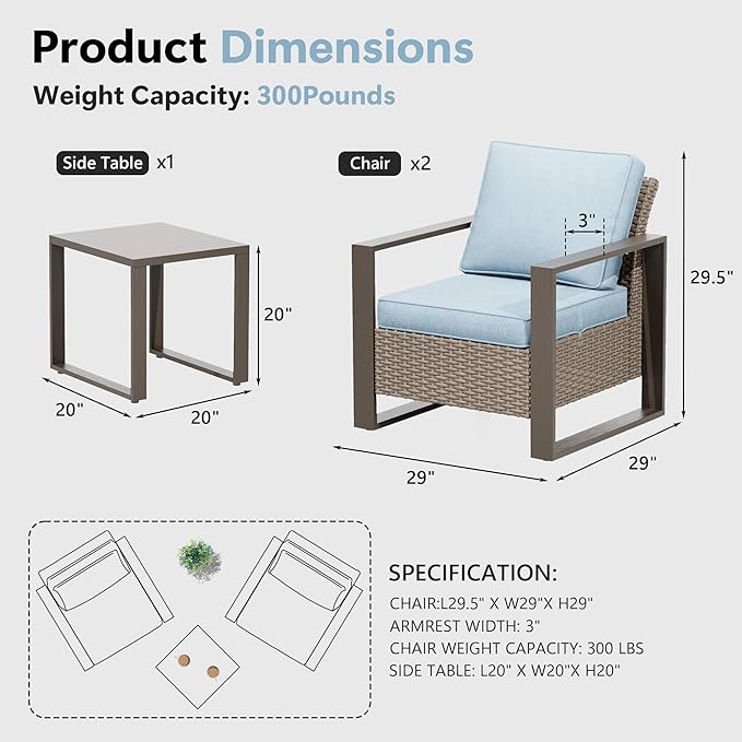3 Piece Patio Chair Set, Outdoor Wicker Chair and Side Table, Metal Patio Furniture with Deep Seating, Thicken Cushions for Deck, Porch, Yard Use (Azure, 3 PCS/Chairs)