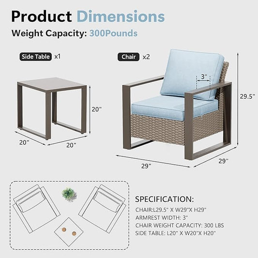 3 Piece Patio Chair Set, Outdoor Wicker Chair and Side Table, Metal Patio Furniture with Deep Seating, Thicken Cushions for Deck, Porch, Yard Use (Azure, 3 PCS/Chairs)