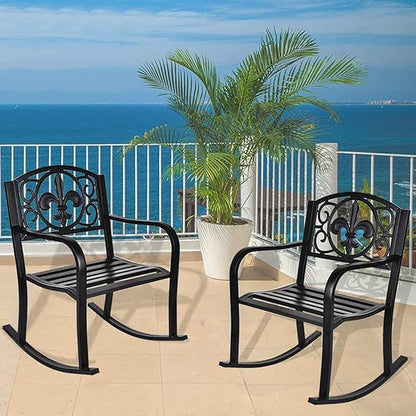Grepatio Outdoor Patio Rocking Chair Set of 2, Wrought Cast Iron Furniture Chair Metal Rocking Seat Chairs for for Deck, Backyard or Garden w/Scroll Design (Black-2Pcs)