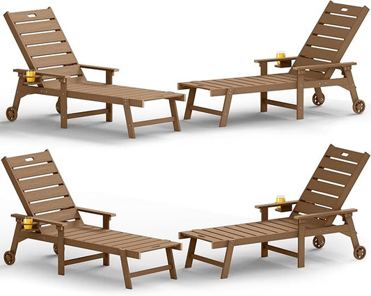 YEFU Lounge Chair Outdoor Set of 4: Outdoor Chaise Lounge with 5-Level Adjustable Backrest, Cup Holders & Wheels, All-Weather Resistance Chaise Lounge for Outside/Patio/Beach/Deck, Teak