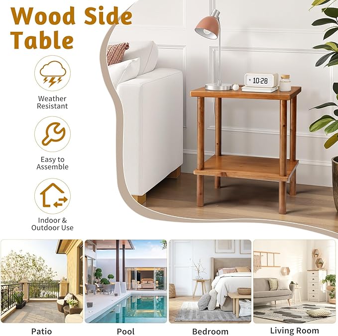 Outvita Outdoor Side Table, Acacia Wooden End Table Small Coffee Table for Patio Balcony Garden Living Room Bedroom Sturdy (Smooth Tabletop- 2 Tiers)