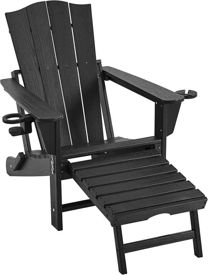 Yaheetech Adirondack Chair with Retractable Ottoman, All Weather Patio Folding Fire Pit Chair with Cup Holder and Phone Holder for Outdoor Poolside, Black
