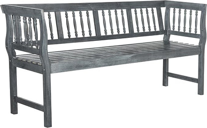 SAFAVIEH Outdoor Patio Furniture Collection – Brentwood Grey Distressed Acacia Wood Bench with Silver Accents, Classic Outdoor Seating for Porch or Garden (PAT6732B)