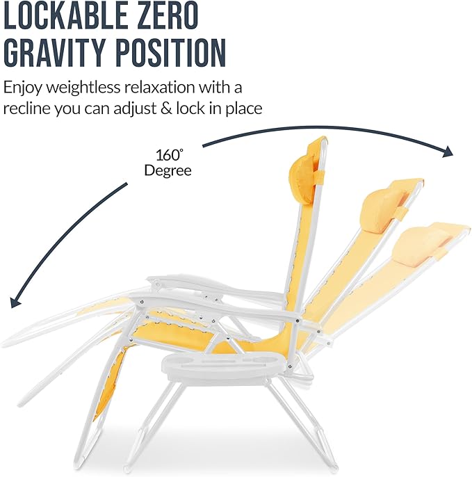 Best Choice Products Set of 2 Extra Wide Adjustable Steel Mesh Zero Gravity Lounge Chair Recliners w/Pillows and Cup Holder Trays - Marigold/White