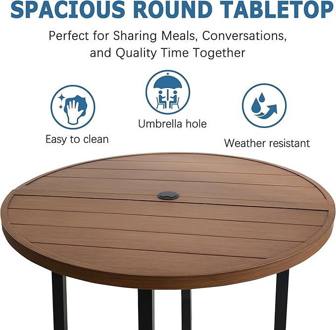 42" Round Patio Dining Table for 4, All-Weather Metal Patio Table with Umbrella Hole, Outdoor Round Dining Table for Lawn Garden Porch, Walnut,