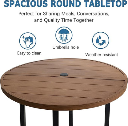 42" Round Patio Dining Table for 4, All-Weather Metal Patio Table with Umbrella Hole, Outdoor Round Dining Table for Lawn Garden Porch, Walnut,