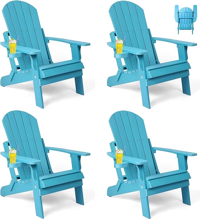 Folding Adirondack Chairs Set of 4, All Weather Resistant Plastic Chairs with Cup Holder, Fold or Unfold Easily in 1 Second, Outdoor Chairs for Patio, Garden, Backyard Deck, Lawn Fire Pit(Lake Blue)