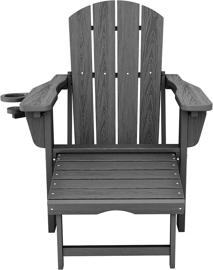 KINGYES Adjustable Folding Adirondack Chair with Footrest & 4-in-1 Multi-Functional Armrest Organizer Set of 4, HDPE Foldable Recliner Adirondack Chair with Pull-Out Ottoman, Grey